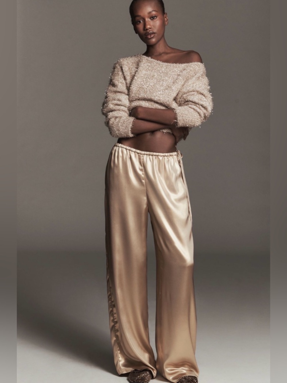 Anthropologie Luxe Satin Wide Leg Champagne Tie Waist - Picture 2 of 6